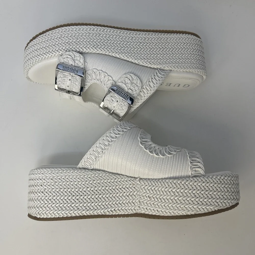 GUESS Binks‎ Woven Platform Sandals Ivory White Double Buckle Wedge Size 10M NIB